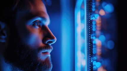 Close Up Portrait of Technician Analyzing Data in Reflective Server Room with Blue Lighting and Empty Space for Text
