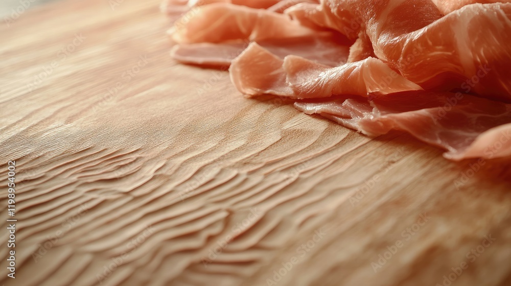 Poster Close up of sliced ham on a textured wooden cutting board with warm pink tones and soft light, featuring ample empty space for text and design elements.