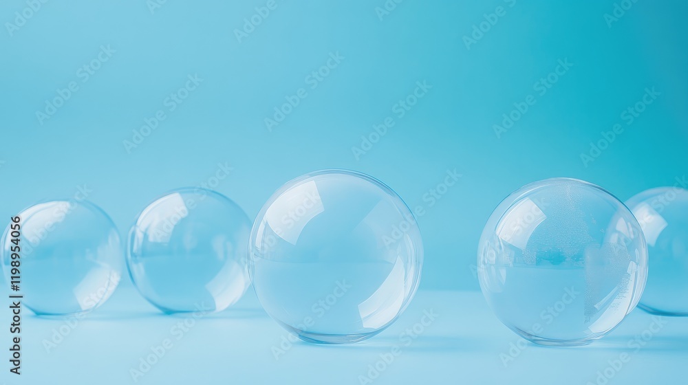 Poster clear glass globes arranged on a serene blue background with soft reflections and ample empty space 