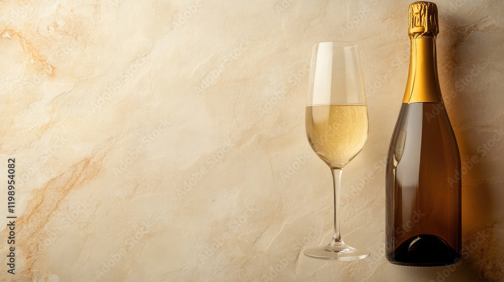 Poster elegant close-up of a chilled champagne bottle and a sparkling glass on a textured beige marble back