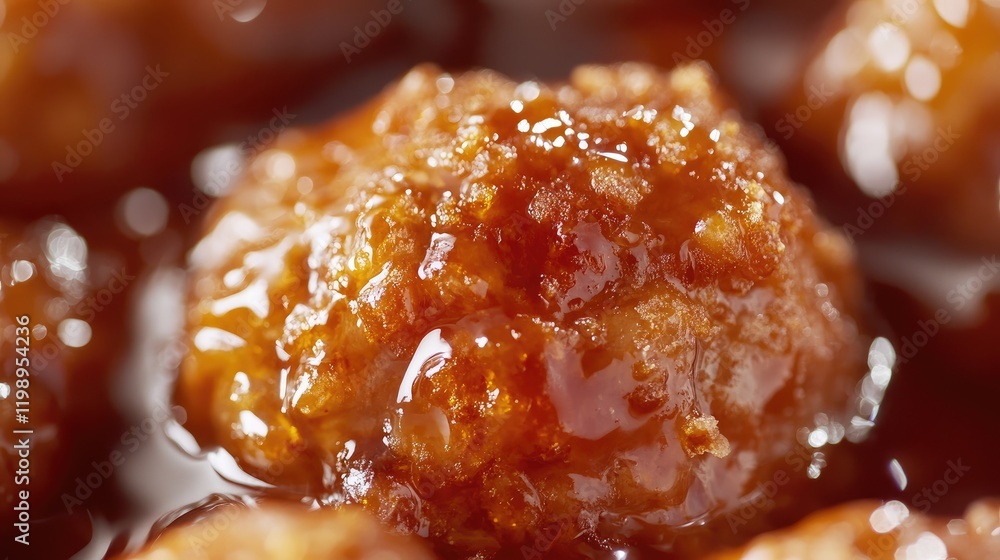 Poster Caramelized round dessert balls coated in shiny syrup on a blurred background with Copy Space
