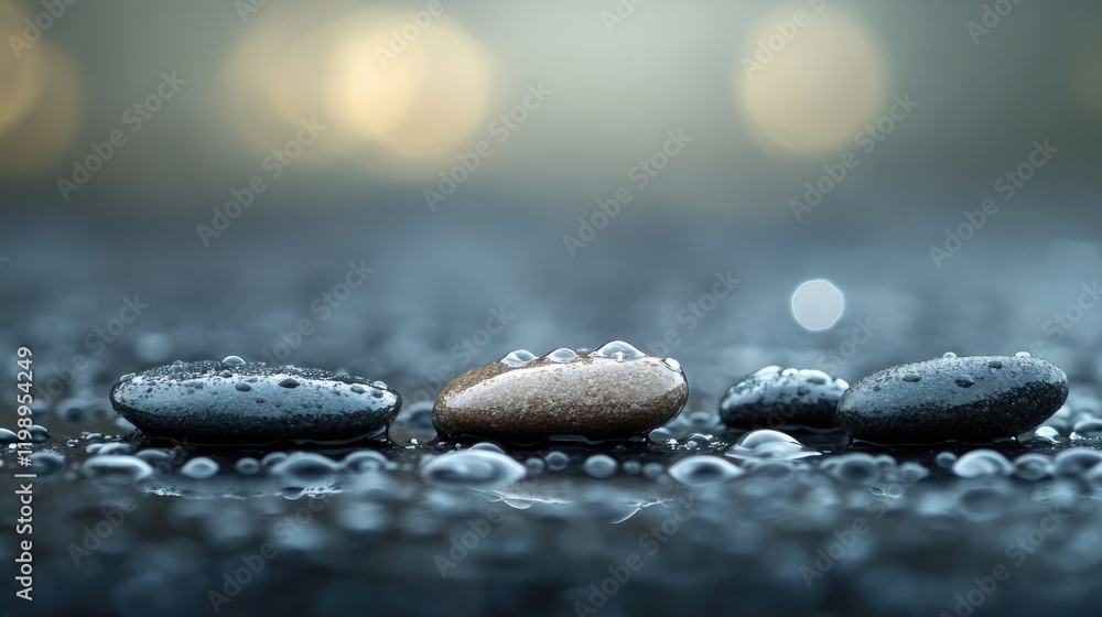 Poster glistening water droplets on smooth gray and beige pebbles in a serene atmosphere with soft bokeh ba