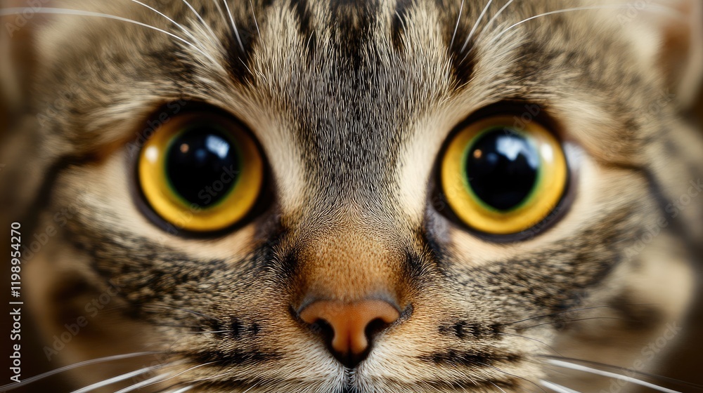 Poster close-up of a tabby cat's face featuring large expressive yellow eyes and intricate fur textures aga