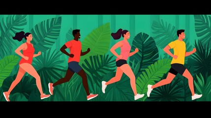 Vibrant Group of Runners Navigating a Lush Park During an Energetic Scavenger Hunt Adventure. Physical Exercise with Cognitive Twist Concept