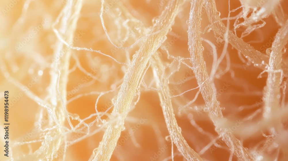 Poster close-up view of fine, translucent fibers on a textured surface with soft, warm background and copy 