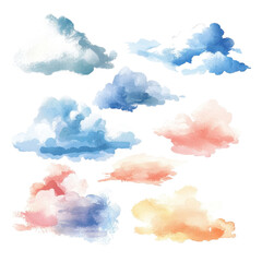 A collection of watercolor clouds in various shapes and colors for artistic projects.