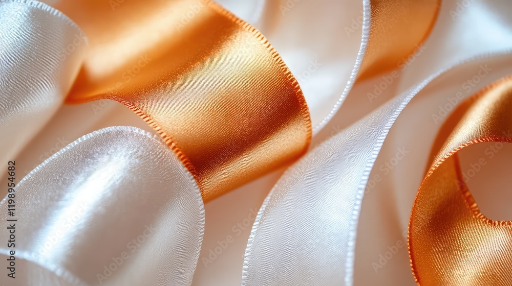 Aufkleber Golden ribbon with orange and white accents arranged artistically on a soft white background with ample empty space for text or design elements.