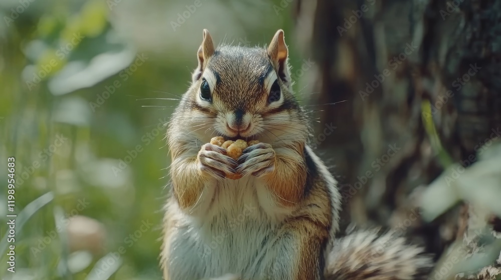 Poster close up of a striped chipmunk holding a nut in greenery with soft sunlight creating a serene outdoo