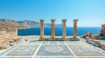 Colorful mosaic detail from an ancient temple with five weathered pillars against a vibrant sea view and rocky island landscape under a clear blue sky