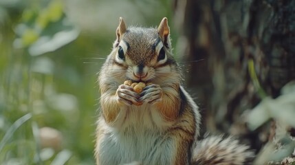 Obraz premium Close up of a striped chipmunk holding a nut in greenery with soft sunlight creating a serene outdoor atmosphere and ample copy space for text