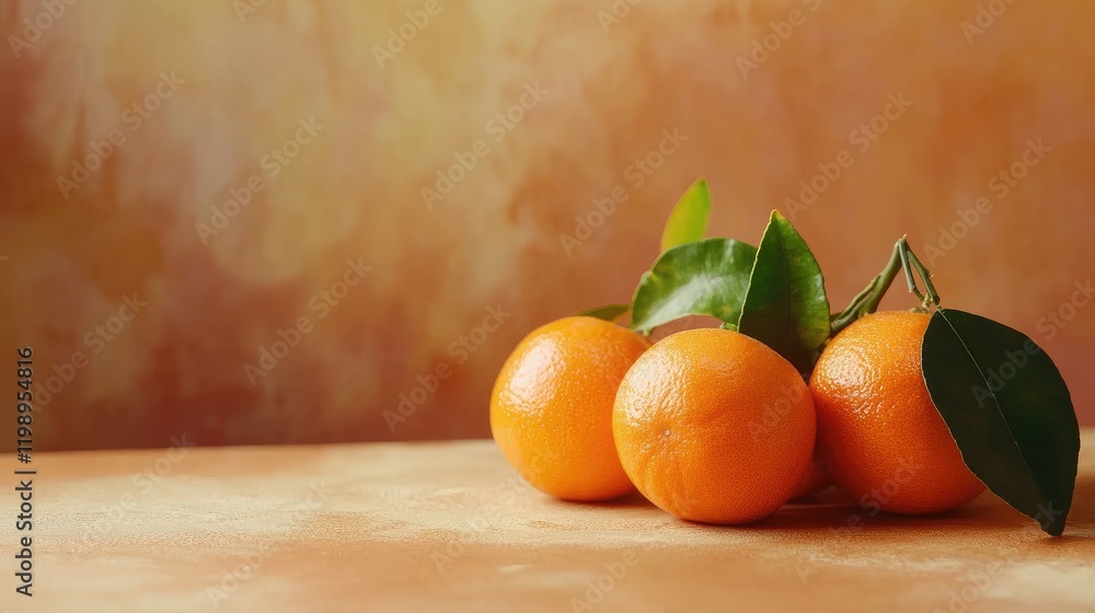 Poster fresh tangerines with vibrant green leaves arranged on a warm orange textured background, featuring 