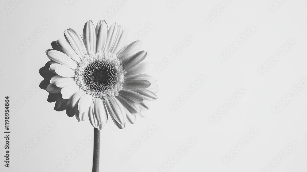 Poster high contrast black and white close-up of gerbera flower on white background with extensive empty co