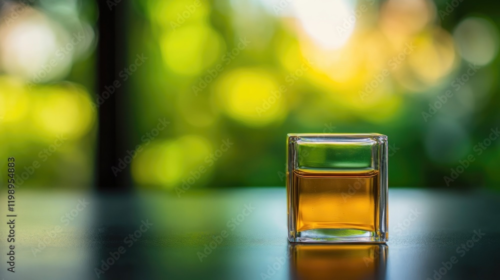 Poster close-up view of glass omnipod with golden cannabis oil against a softly blurred green natural backg