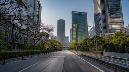 Fototapeta premium Modern skyscrapers lining a wide city road with sleek architecture.