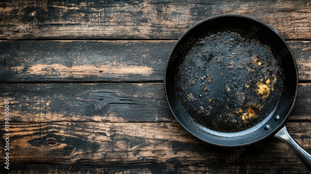 Poster fried potatoes in a black skillet on a rustic wooden table with a textured dark surface and ample co
