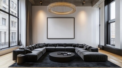 Modern Minimalist Living Room with Black Sofa and Elegant Lighting