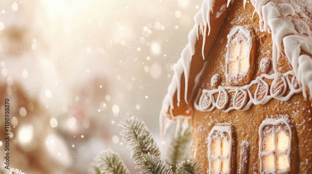 Poster gingerbread house close up with frosted windows pine tree decorations set against soft winter blur b