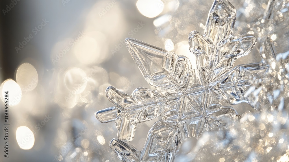 Poster close-up of a transparent snowflake ornament with bokeh background and soft lighting ideal for winte