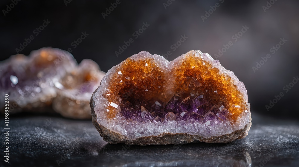 Poster amethyst geode crystal formations showcasing rich purple and earthy brown hues on a dark textured ba
