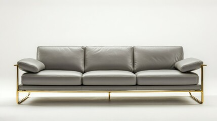 Modern grey leather sofa with gold metal frame and two arm cushions on a plain light background Copy Space