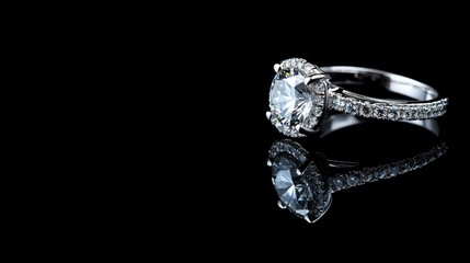 Close up of a sparkling diamond ring on a sleek black reflective surface with ample negative space for text and graphics.