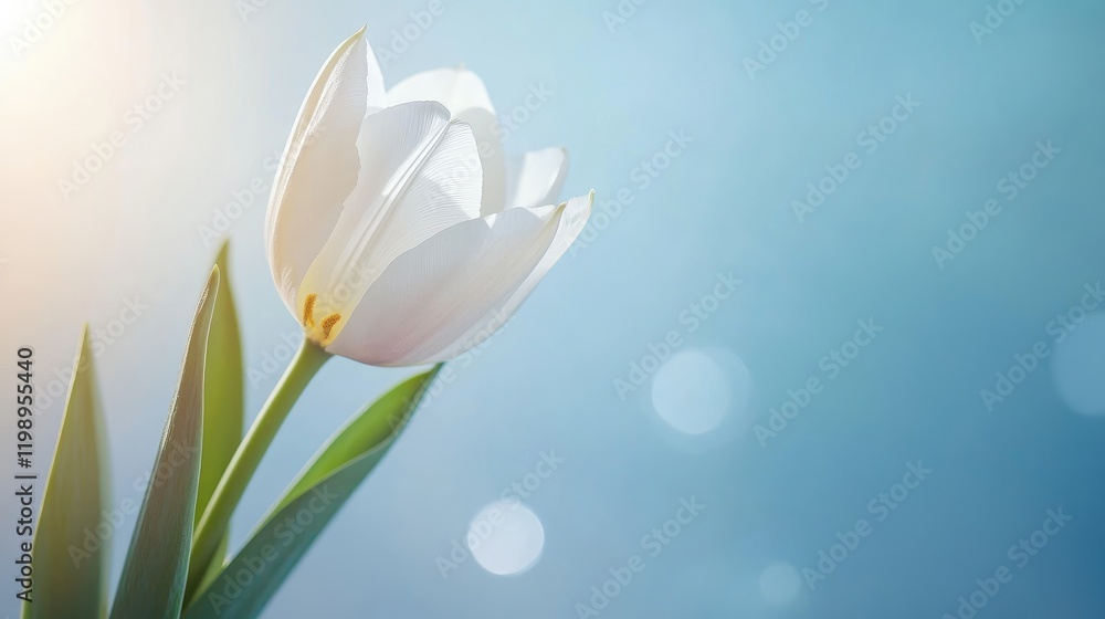 Poster white tulip flower with green leaves against a soft blue background with bokeh lights and copy space
