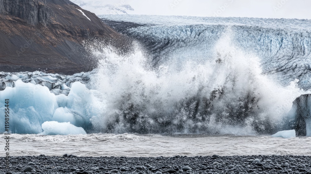 Poster glacial water splashes on dark ice at solheimajokull with blue icebergs in the background and misty 
