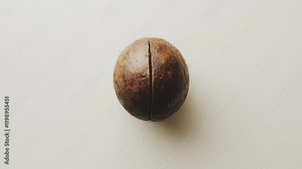 Poster brown spherical object with a split surface on a white background showcasing copy space for text pla
