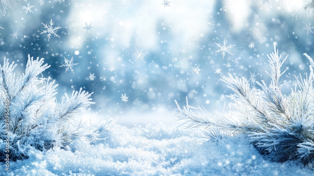 Poster close up of snow-covered frosted grass and delicate snowflakes with soft blue background and empty s