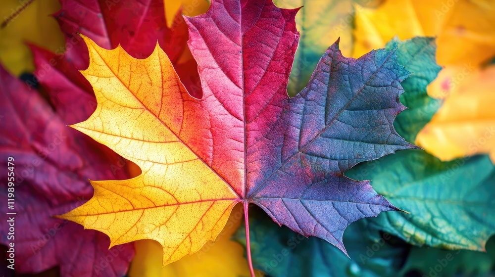 Poster vibrant close up of intricate textured autumn leaves in shades of red yellow and green with soft blu