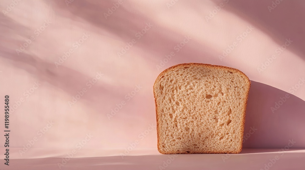 Poster Whole Wheat Bread Slice Positioned Against Soft Pink Background with Gentle Shadowing and Empty Space for Text Placement
