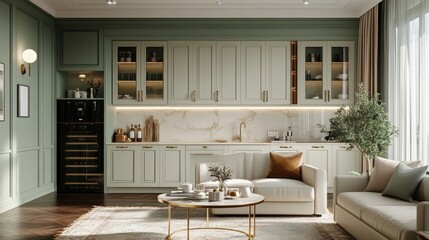 Modern Elegant Kitchen Design with Green Cabinets and Natural Light