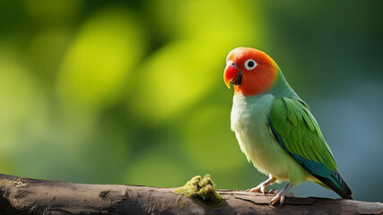 Obraz premium Agapornis bird lover colorful on branch. Colorful bird perched on a branch in a lush green setting.