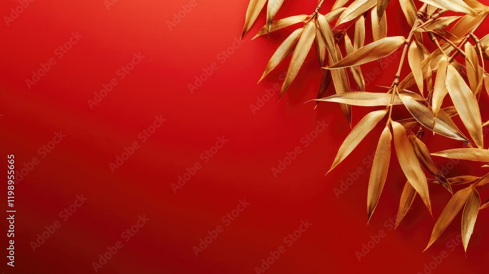 Aufkleber Golden Bamboo Leaves Against Vibrant Red Background with Ample Copy Space for Text and Design Elements in a Serene Composition