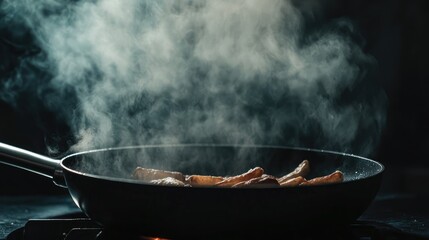 Frying golden French fries in a black pan with steam rising in a modern kitchen setting, dark background and ample empty space for promotional text.