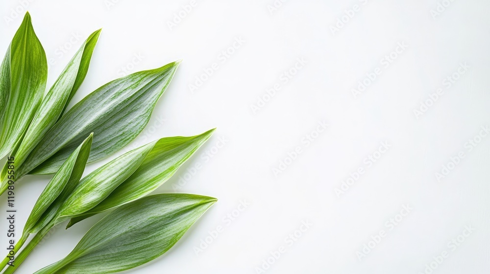 Poster fresh variegated wild garlic leaves isolated on white background with culinary use concept, lush gre
