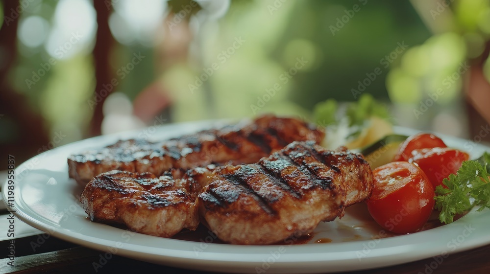 Poster Close-up of grilled meat and assorted vegetables on a white plate with blurred green background and empty space for text in horizontal format