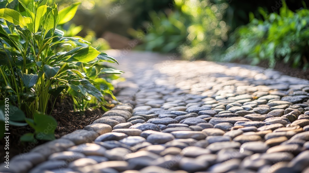 Poster cobblestone pathway meandering through lush green foliage under soft sunlight with blurred backgroun