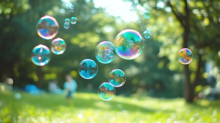 Children Playing with Colorful Bubbles in a Lush Green Park with Sunlight Filtering Through Trees and Clear Copy Space for Text