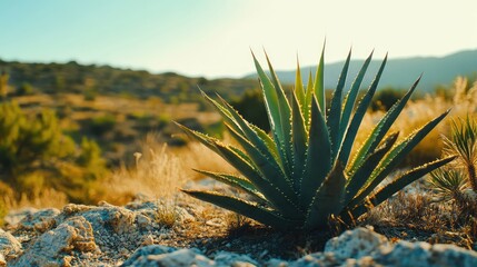 Close-up of Green Agave Plant on Rocky Ground in Desert with Clear Sky Background