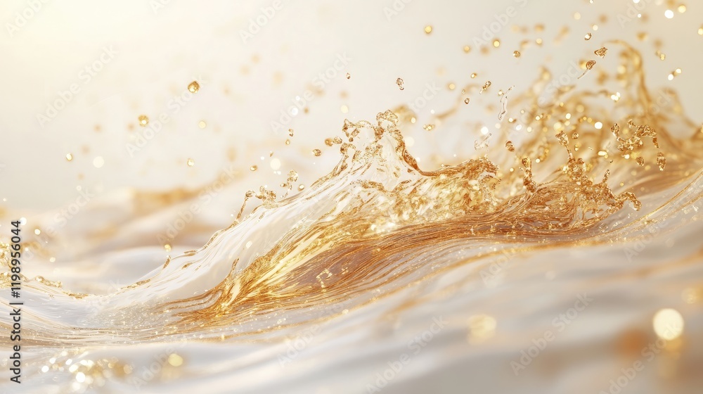 Poster golden water splash with reflections and bokeh effect on a light background copy space
