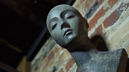 Head sculpture mannequin against a textured brick wall with soft lighting and emphasis on facial features and expression Copy Space