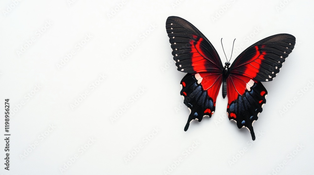 Poster close-up view of a vibrant red and black butterfly on a crisp white background with ample empty spac