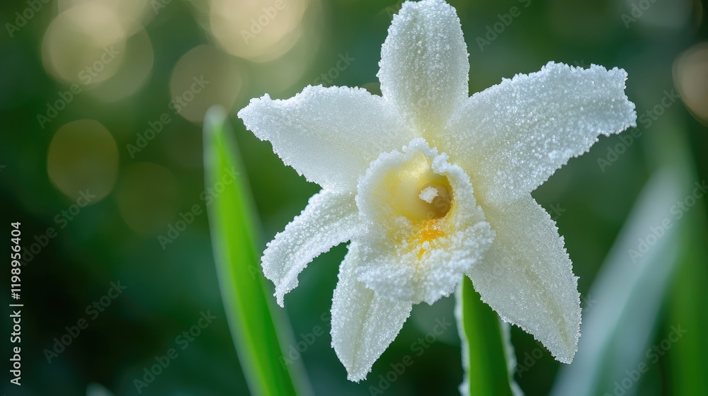 Poster frosted white orchid blossom with dewdrops on lush green background featuring soft bokeh and ample c