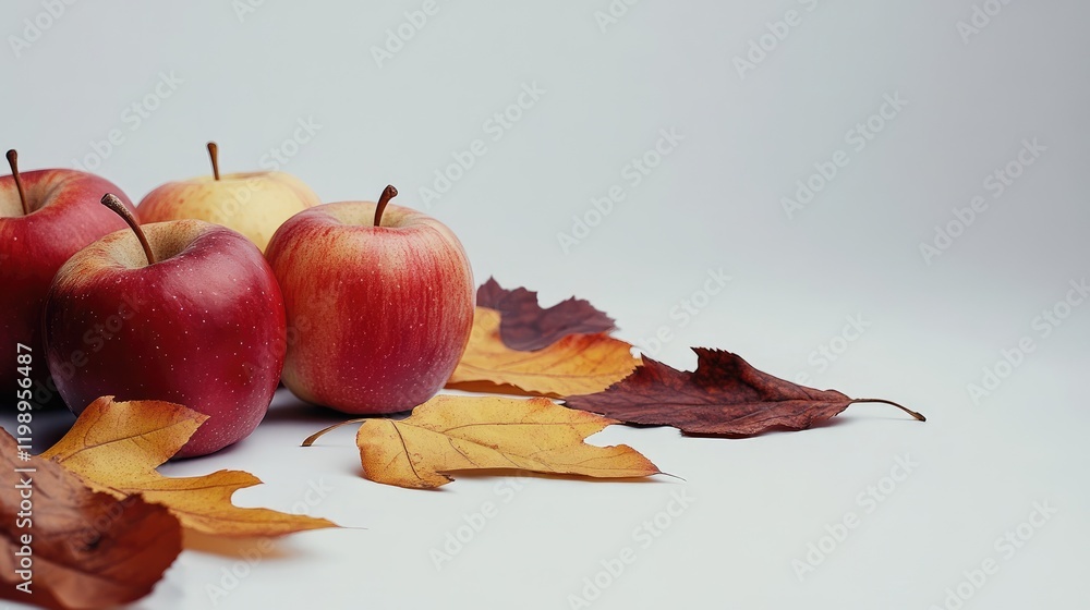 Poster Close-up still life with red and yellow apples alongside vibrant autumn leaves on a light gray background with ample negative space for text.