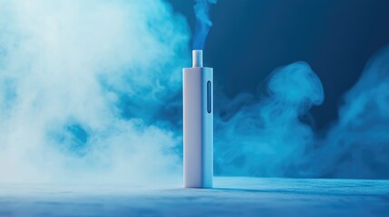 Frosted Electronic Cigarette with White and Blue Branding Against a Blue and Foggy Background with Empty Copy Space for Text