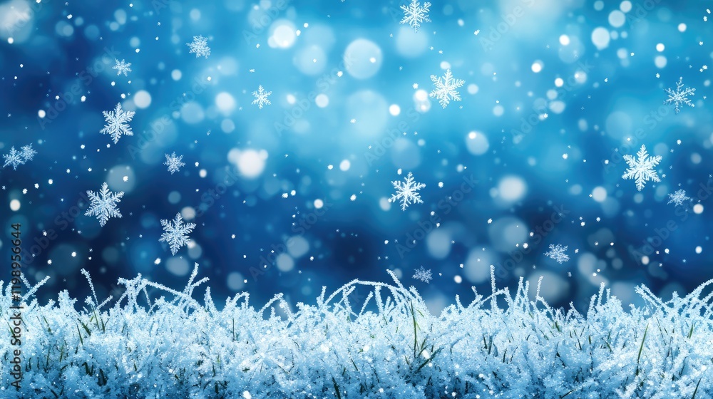 Poster frosted grass with delicate snowflakes against a blurred blue winter background, featuring sparkling
