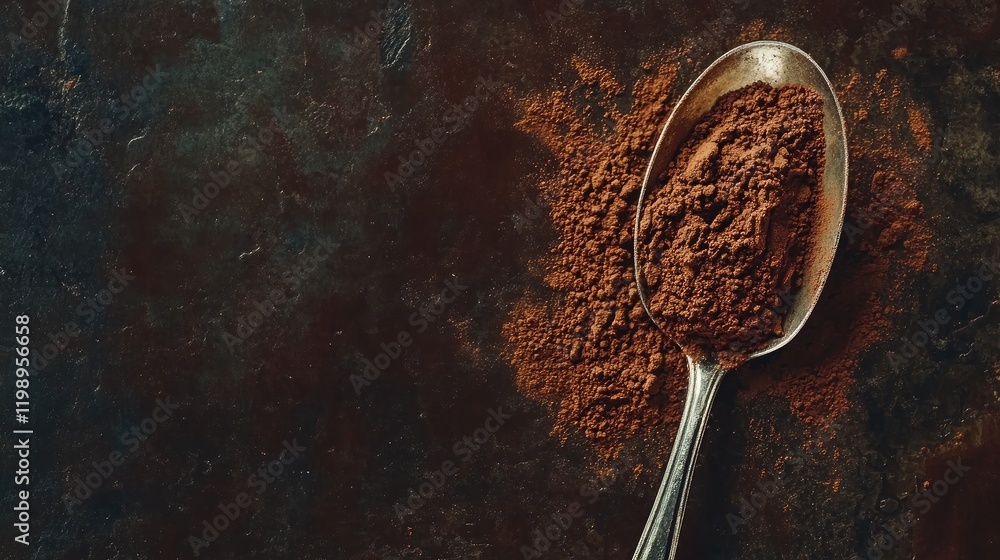 Poster spoon with cocoa powder on dark rustic background with copy space for text or design.