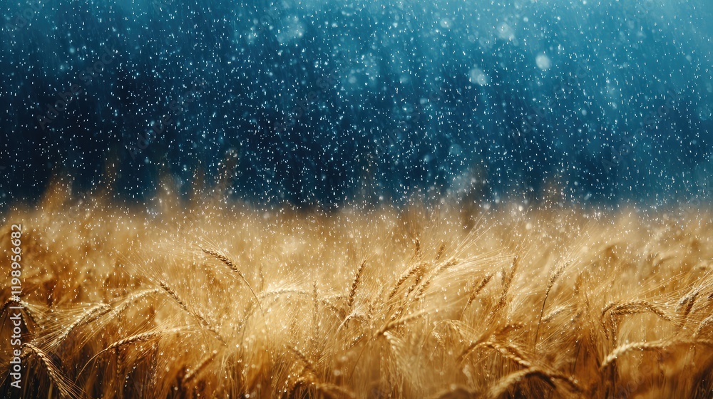 Poster Close up of golden wheat field under rain with blue background and empty horizontal copy space for text in nature concept imagery