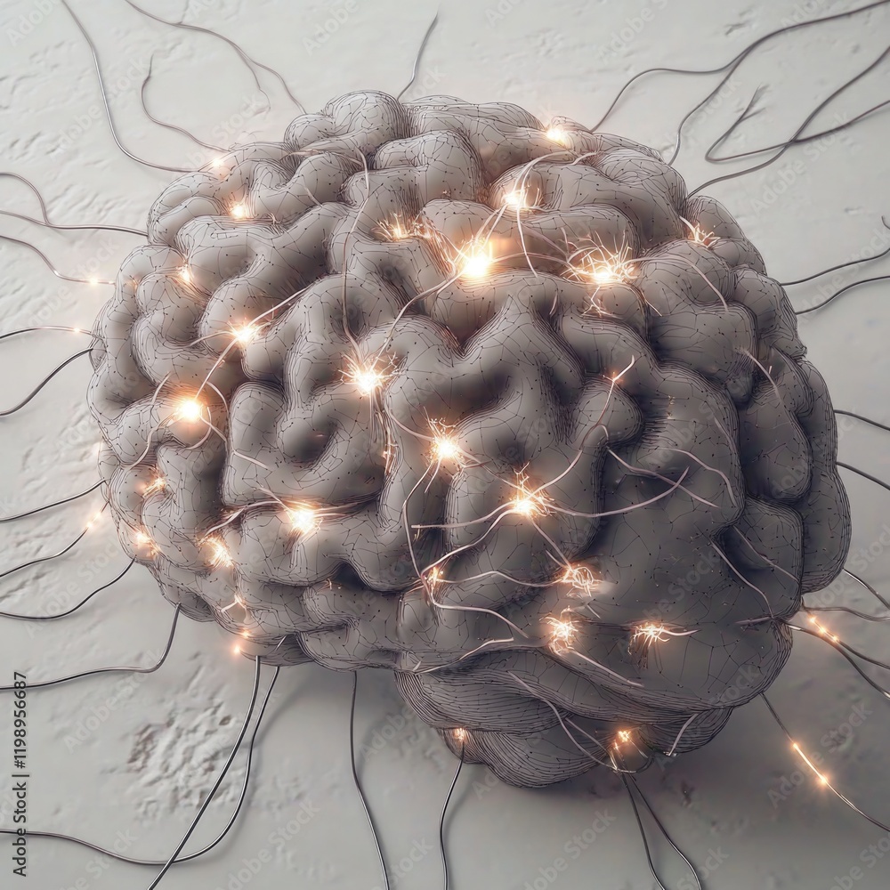 Poster illuminated brain with string of lights on top, concept art for science and technology